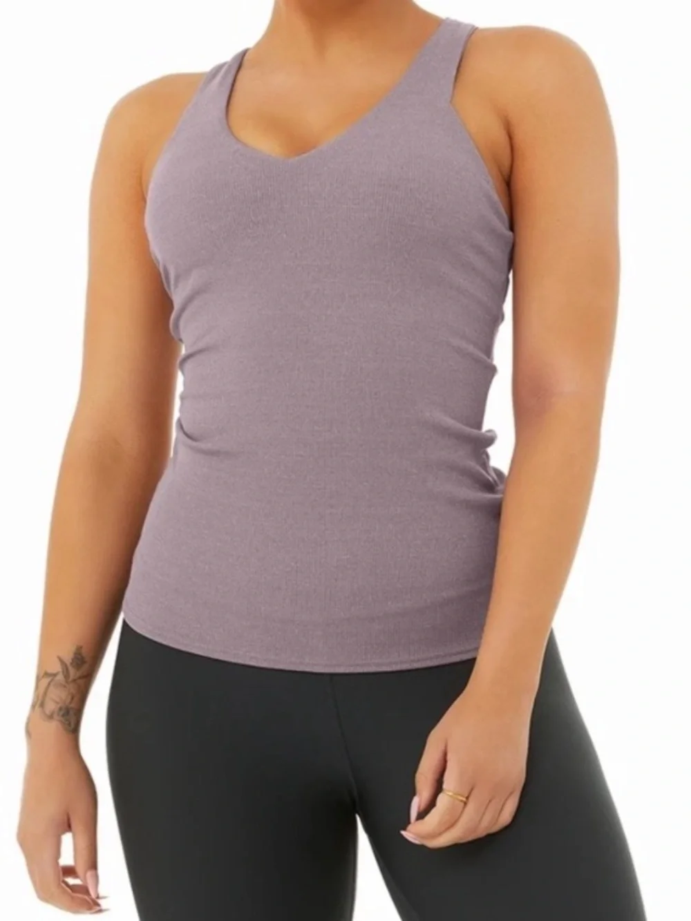 Alo Yoga Elevate Padded Tank Crossover Back Gym XS Heathered Mauve Purple